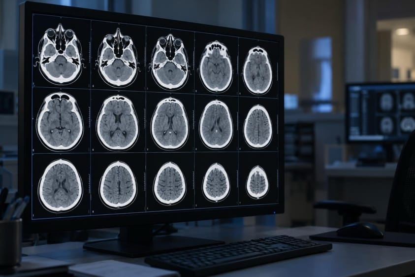 CT scan images of a head on a radiology monitor