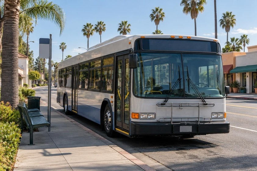 City bus stopped at a bus stop on a palm-lined street