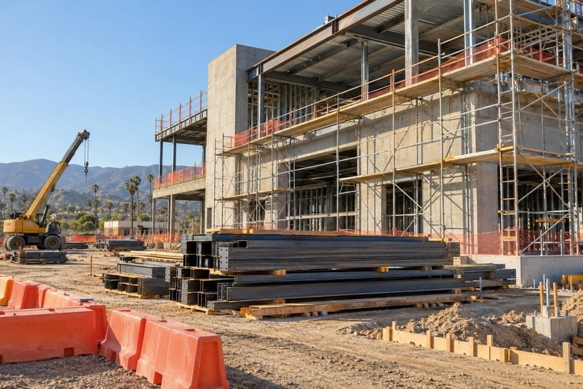 Construction site with scaffolding, steel beams and safety barriers