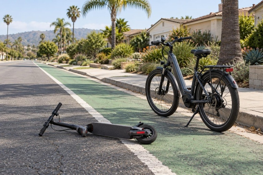 Electric scooter lying in a green bike lane next to a parked e-bike