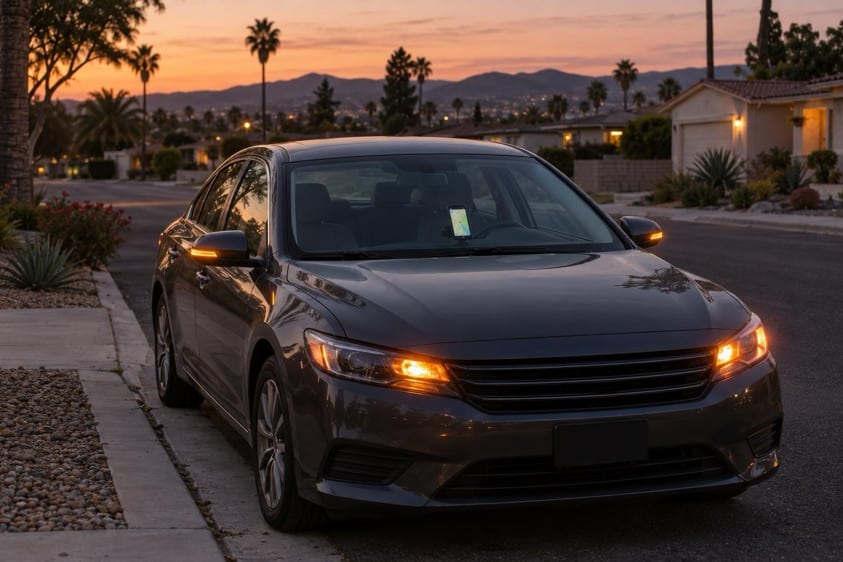 Grey sedan stopped at the curb at dusk with a phone mounted on the dashboard