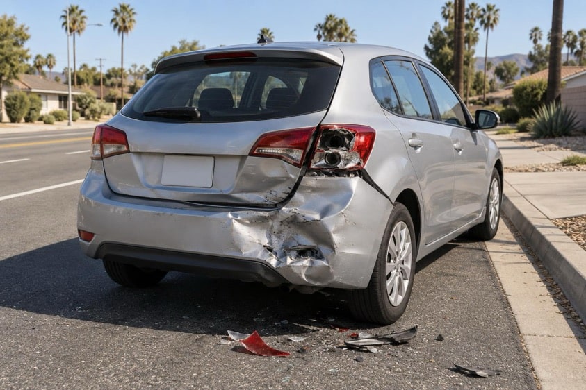 Silver hatchback with a crushed rear bumper parked at the roadside